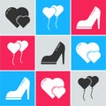 Set Heart, Balloons in form of heart and Woman shoe with high heel icon. Vector Royalty Free Stock Photo