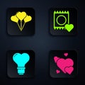 Set Heart, Balloons in form of heart, Heart shape in a light bulb and Condom in package. Black square button. Vector