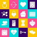 Set Heart, Bottle with love potion, Calendar heart, Castle in the shape of, Wedding rings and cake icon. Vector