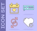 Set Heart, Calendar with heart, Male gender symbol and Speech bubble with I love you icon. Vector