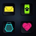 Set Heart with cat, Pet bed, Pet carry case and Online veterinary clinic symbol. Black square button. Vector Royalty Free Stock Photo