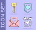 Set Heart in the center alarm clock, Key in heart shape, Envelope with heart and Heart with shield icon. Vector Royalty Free Stock Photo