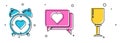 Set Heart in the center alarm clock, Like and heart and Wine glass icon. Vector