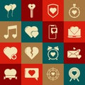 Set Heart in the center of darts target aim, Envelope with heart, Laptop, shield, Music note, tone hearts, Balloons form Royalty Free Stock Photo