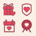 Set Heart in the center of darts target aim, Gift box and heart, Heart with shield and Calendar with heart icon. Vector Royalty Free Stock Photo