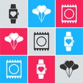 Set Heart in the center wrist watch, Balloons in form of heart and Condom in package icon. Vector