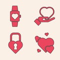 Set Heart, Heart in the center wrist watch, Heart on hand and Castle in the shape of a heart icon. Vector