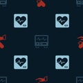 Set Heart with cross, Monitor cardiogram and rate on seamless pattern. Vector Royalty Free Stock Photo