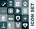 Set Heart with dog, Pet house, Canned food, Food for fish, Dog pill, Cat, bone and icon. Vector
