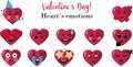 Set of heart emotions. Nice cartoon design of heart icons, collection emoji for Valentines Day