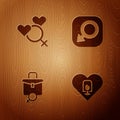 Set Heart with female, Female gender, Work for and Male on wooden background. Vector