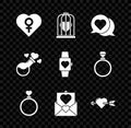 Set Heart with female gender, in the bird cage, speech bubble, Wedding rings, Envelope Valentine heart, Amour and arrow