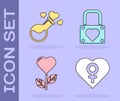 Set Heart with female gender, Bottle with love potion, Heart shape in a flower and Lock and heart icon. Vector Royalty Free Stock Photo