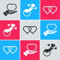 Set Heart on hand, Bottle with love potion and Two Linked Hearts icon. Vector