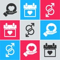 Set Heart on hand, Calendar with heart and Male gender symbol icon. Vector