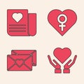 Set Heart on hand, Envelope with Valentine heart, Heart with female gender and Envelope with Valentine heart icon
