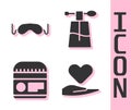 Set Heart on hand, Eye sleep mask, Cream or lotion cosmetic tube and Perfume icon. Vector