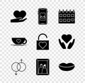 Set Heart in hand, Mobile with heart, Calendar, Gender, Picture frame, Smiling lips, Coffee cup and Lock icon. Vector
