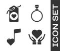Set Heart on hand, Heart tag, Music note, tone with hearts and Diamond engagement ring icon. Vector Royalty Free Stock Photo