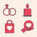 Set Heart on hand, Wedding rings, Burning candle and Shopping bag with heart icon. Vector Royalty Free Stock Photo