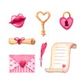 Set of heart lock, key, love message and pink lips Royalty Free Stock Photo