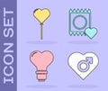 Set Heart with male gender, Balloons in form of heart, Heart shape in a light bulb and Condom in package icon. Vector