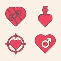 Set Heart with male gender, Candy in heart shaped box, Bottle with love potion and Heart in the center of darts target Royalty Free Stock Photo