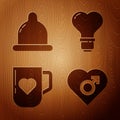 Set Heart with male gender, Condom, Coffee cup and heart and Heart shape in a light bulb on wooden background. Vector Royalty Free Stock Photo