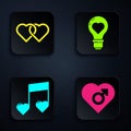 Set Heart with male gender, Two Linked Hearts, Music note, tone with hearts and Heart shape in a light bulb. Black