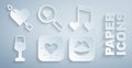 Set Heart, Music note, tone with hearts, Glass of champagne, Smiling lips, Search and love and Amour arrow icon. Vector