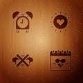 Set Heart rate, Alarm clock, No junk food and Sun on wooden background. Vector Royalty Free Stock Photo