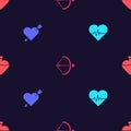 Set Heart rate, Amour with heart and arrow, Bow and Bottle love potion on seamless pattern. Vector