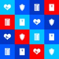 Set Heart rate, Shield, Paper or financial check and Holy bible book icon. Vector