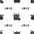 Set Heart and ribbon, Gift box and heart and Love text on seamless pattern. Vector Royalty Free Stock Photo