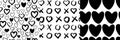 Set heart romantic doodle seamless patterns with black hearts, tic tac toe elements. Shape on white background in hand Royalty Free Stock Photo