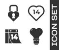 Set Heart shape in a light bulb, Castle in the shape of a heart, Calendar with February 14 and Heart icon. Vector