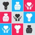 Set Heart shape in a light bulb, Wedding cake with heart and Heart on hand icon. Vector Royalty Free Stock Photo