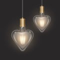 Set of Heart shaped bulbs in retro style on dark substrate, glowing light bulbs in realistic style Vector EPS 10 format