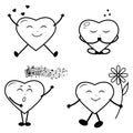 Set of heart-shaped characters, black outline, vector illustration in doodle style Royalty Free Stock Photo