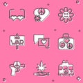Set Heart shaped love glasses, Love peace, Flower, No war, Speech bubble chat, Suitcase for travel, and Marijuana joint