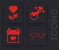 Set Heart shaped love glasses, Heart shape in a flower, Bottle with love potion and Calendar with heart icon. Vector