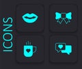 Set Heart in speech bubble, Smiling lips, Gift bow and Coffee cup and heart icon. Black square button. Vector Royalty Free Stock Photo