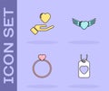 Set Heart tag, in hand, Wedding rings and with wings icon. Vector Royalty Free Stock Photo