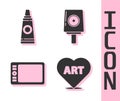 Set Heart with text art, Tube with paint palette, Graphic tablet and Spray can nozzle cap icon. Vector