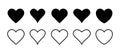 Set of heart vector icons isolated on white background. Vector illustration. Black flat design Royalty Free Stock Photo