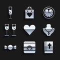 Set Heart, Wedding rings, Holy bible book, Necklace on mannequin, Bow tie, Glass of champagne, Clock and icon. Vector Royalty Free Stock Photo