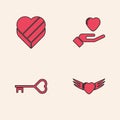 Set Heart with wings, Candy heart shaped box, hand and Key icon. Vector Royalty Free Stock Photo