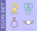 Set Heart with wings, Map pointer with heart, Wedding rings and Female gender symbol icon. Vector Royalty Free Stock Photo