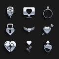 Set Heart with wings, shape flower, Bottle love potion, Amour heart and arrow, Healed broken, Castle the of, Diamond Royalty Free Stock Photo