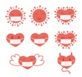 Set of hearts and bacteria wearing surgical face mask. Heart shaped virus Covid 19, angel Cupid with wings, naughty